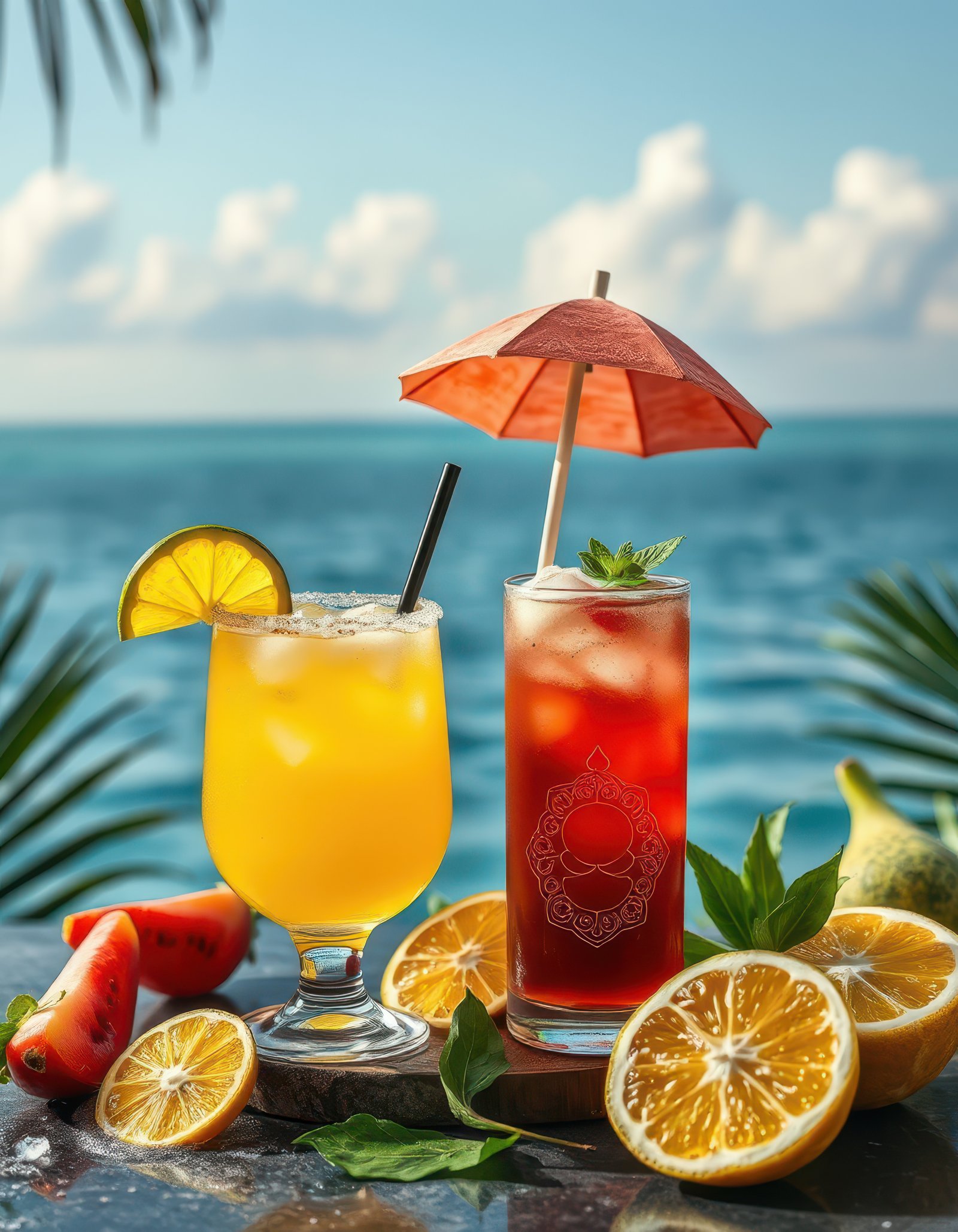 Refreshing tropical cocktails served on a sunny beachside with vibrant fruits and serene ocean backdrop